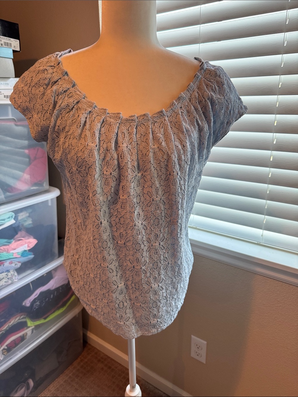 Lace Short-Sleeve Scoop Neck Top - Light Blue